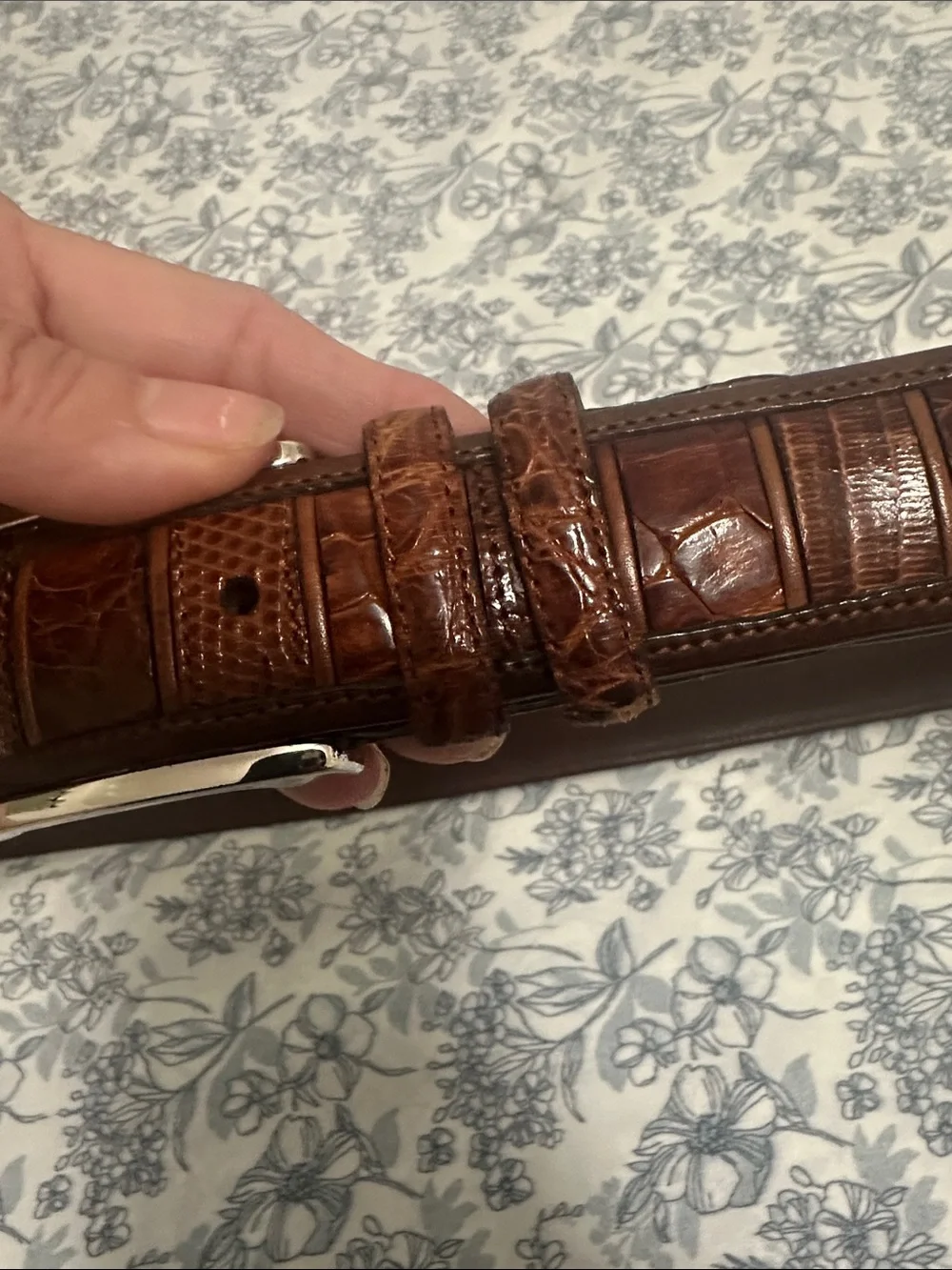 Mezlan 🐊 Brown Embossed Leather Dress Belt with Silver Buckle